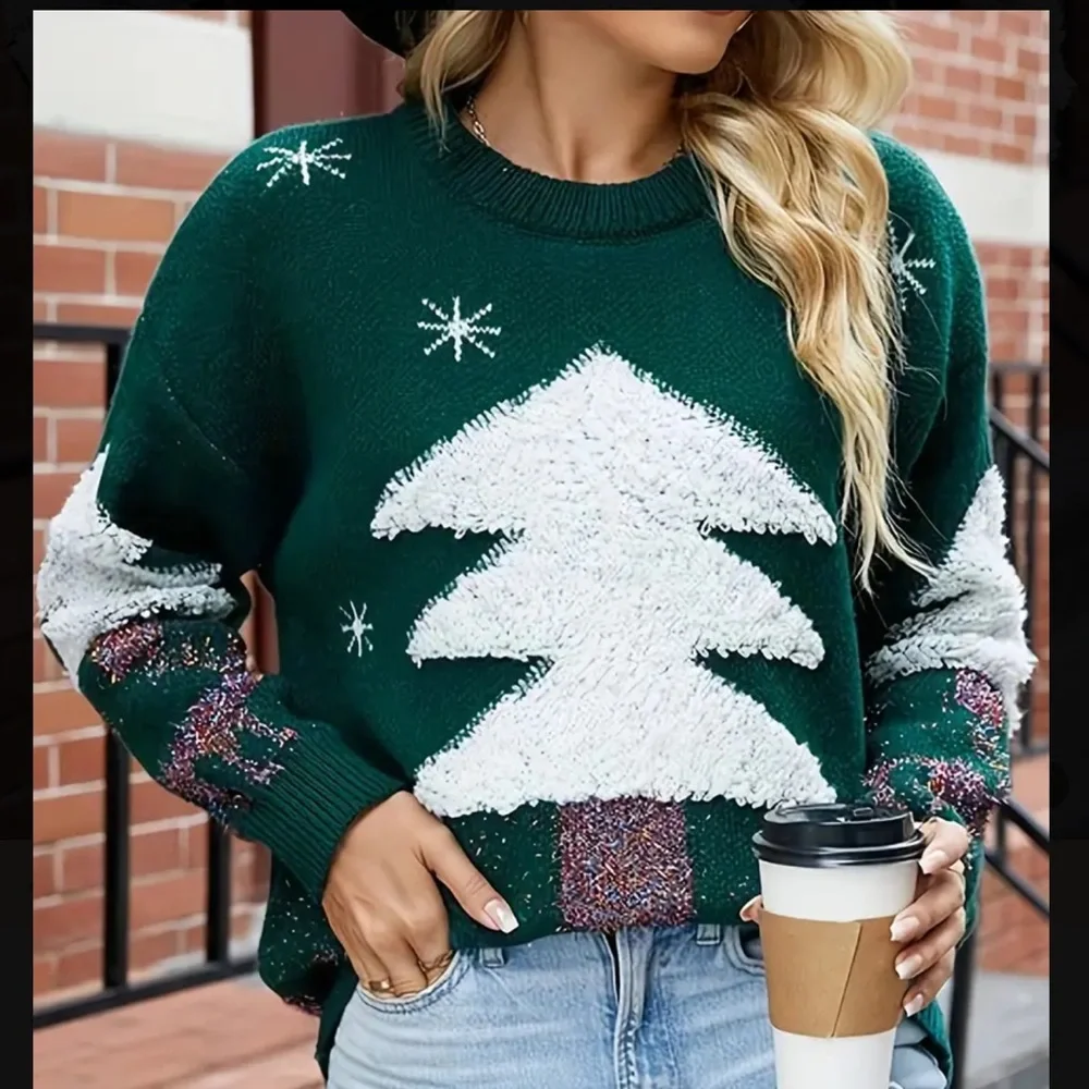 Christmas Tree Reindeer Sweater Green Sparkling Winter Scene Holiday Knit_3